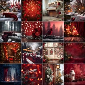 Red Christmas digital backdrop set featuring studio and outdoor holiday scenes, decorated trees, fireplaces, garlands, and cozy fine-art winter backgrounds.