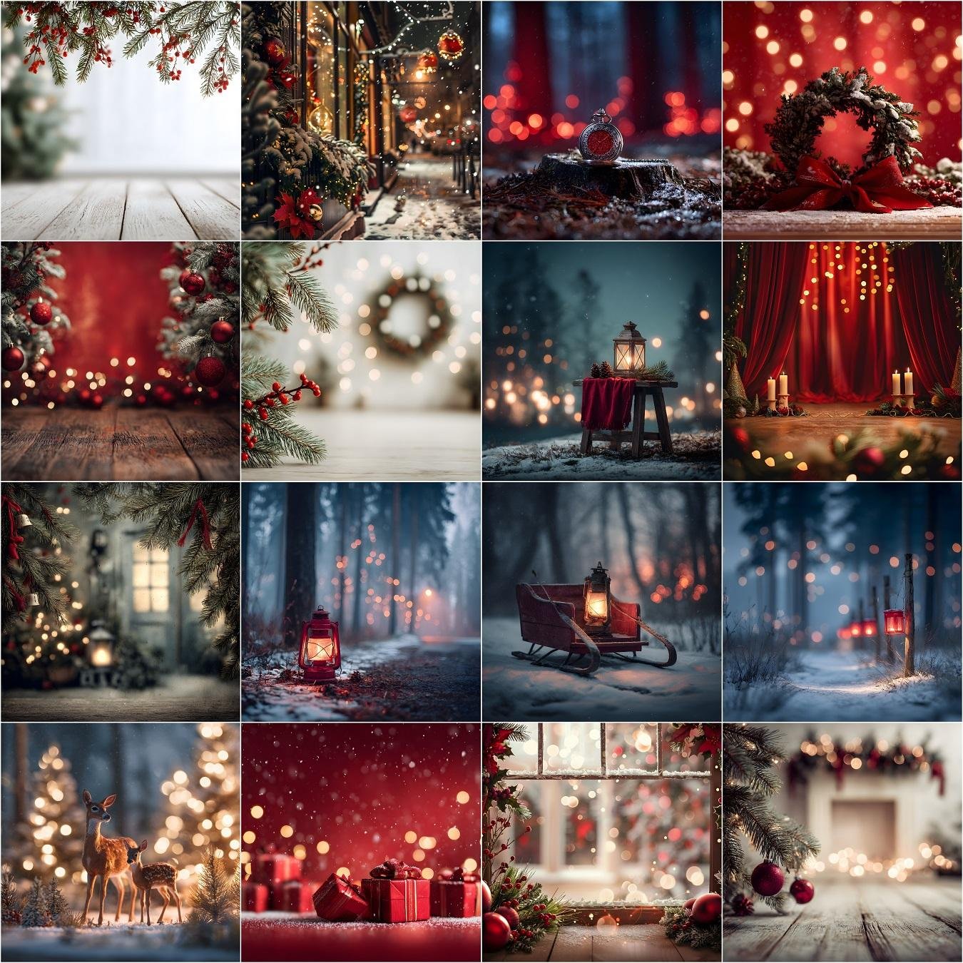 Red Christmas digital backdrop set featuring studio and outdoor holiday scenes, decorated trees, fireplaces, garlands, and cozy fine-art winter backgrounds.