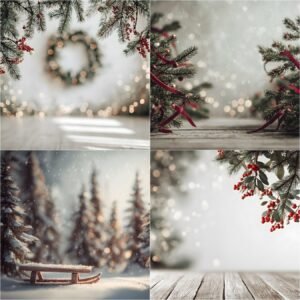 Free Christmas digital photo backdrops featuring pine branches with berries, festive bokeh lights, winter snow forest scene with sled, and wooden floor studio holiday background