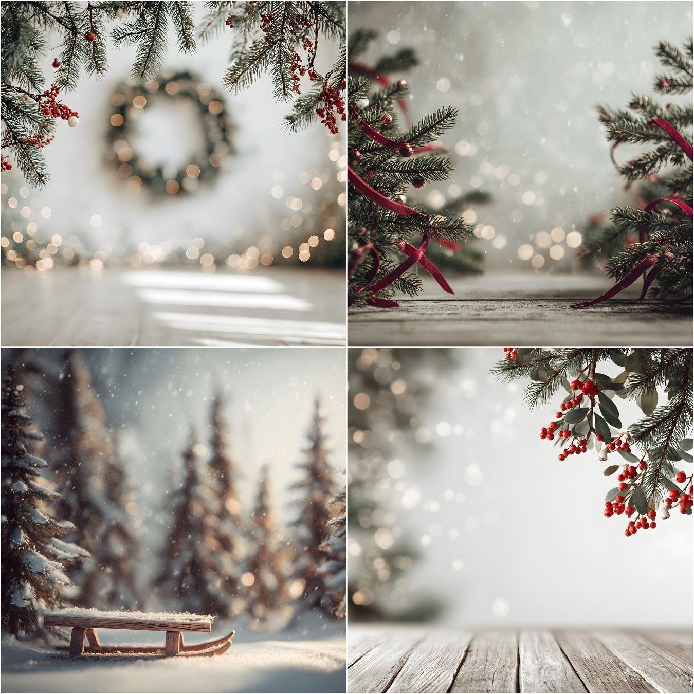 Free Christmas digital photo backdrops featuring pine branches with berries, festive bokeh lights, winter snow forest scene with sled, and wooden floor studio holiday background