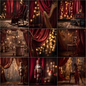 Fine art Nutcrackercore Christmas digital backdrop with vintage wooden floor, antique holiday props, red and gold theatrical studio background, moody lighting and cinematic depth of field for portrait photography