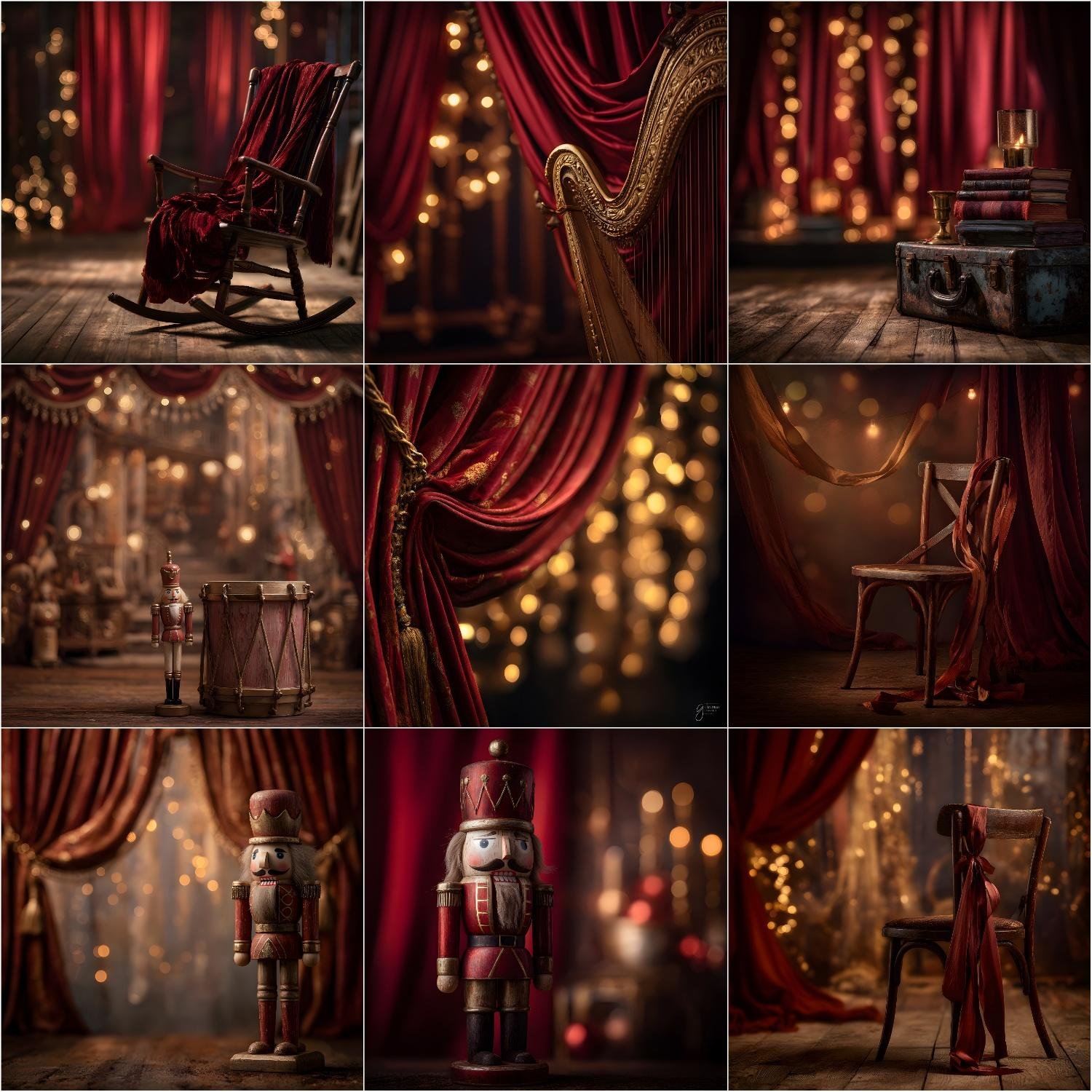Fine art Nutcrackercore Christmas digital backdrop with vintage wooden floor, antique holiday props, red and gold theatrical studio background, moody lighting and cinematic depth of field for portrait photography