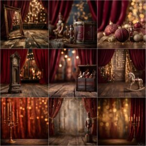 Fine art Nutcrackercore Christmas digital backdrop with vintage wooden floor, antique holiday props, red and gold theatrical studio background, moody lighting and cinematic depth of field for portrait photography