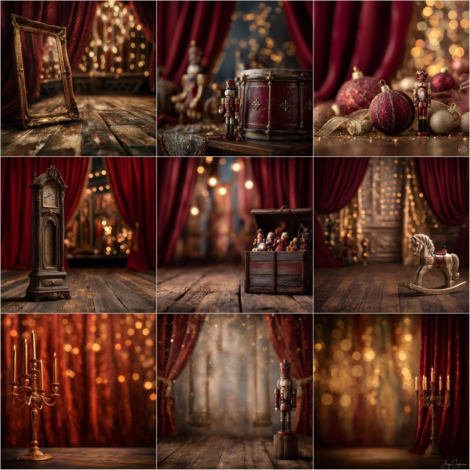 Fine art Nutcrackercore Christmas digital backdrop with vintage wooden floor, antique holiday props, red and gold theatrical studio background, moody lighting and cinematic depth of field for portrait photography