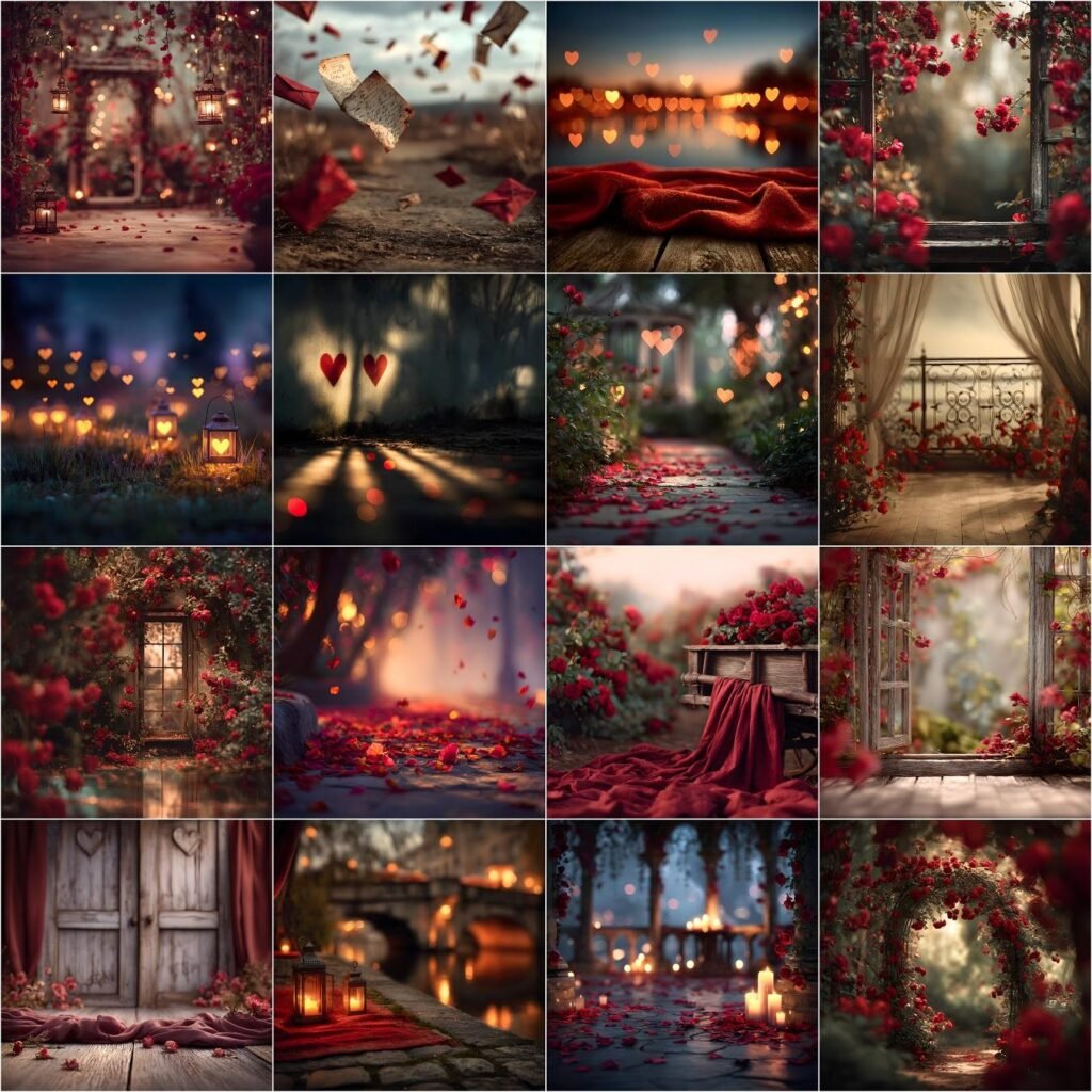 Outdoor Valentine digital backdrops featuring elegant fine art nature scenes with soft red tones, studio-style lighting, and scenic backgrounds for couple photography and photo composites