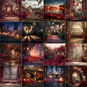 Outdoor Valentine digital backdrops featuring elegant fine art nature scenes with soft red tones, studio-style lighting, and scenic backgrounds for couple photography and photo composites