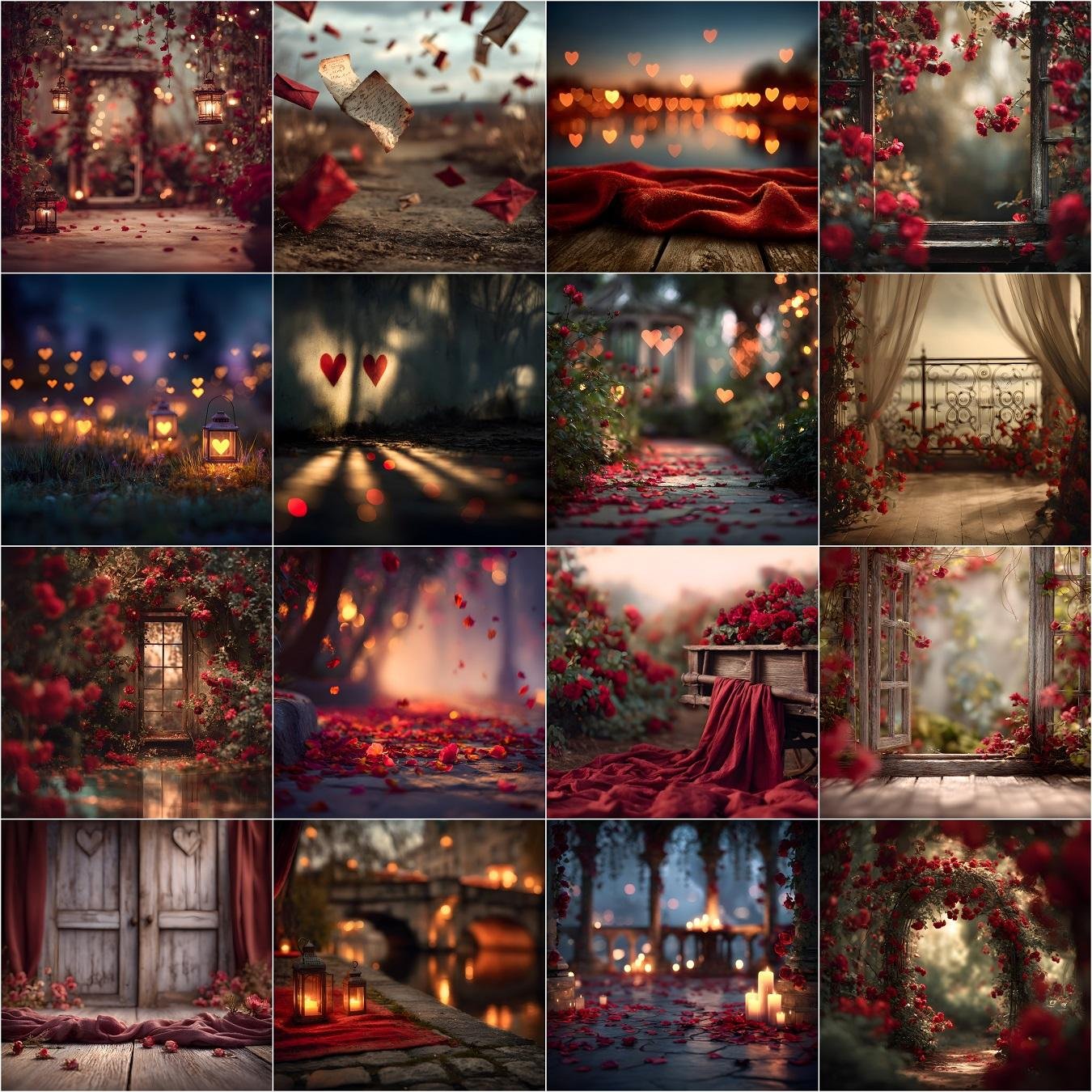 Outdoor Valentine digital backdrops featuring elegant fine art nature scenes with soft red tones, studio-style lighting, and scenic backgrounds for couple photography and photo composites