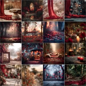 Outdoor Valentine digital backdrops featuring elegant fine art nature scenes with soft red tones, studio-style lighting, and scenic backgrounds for couple photography and photo composites