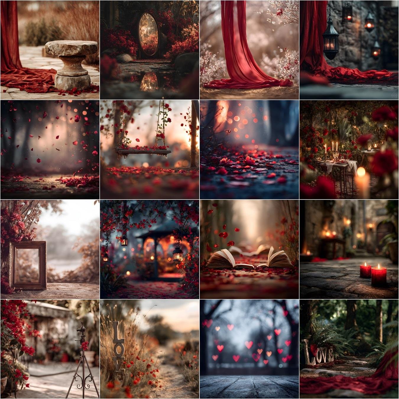 Outdoor Valentine digital backdrops featuring elegant fine art nature scenes with soft red tones, studio-style lighting, and scenic backgrounds for couple photography and photo composites