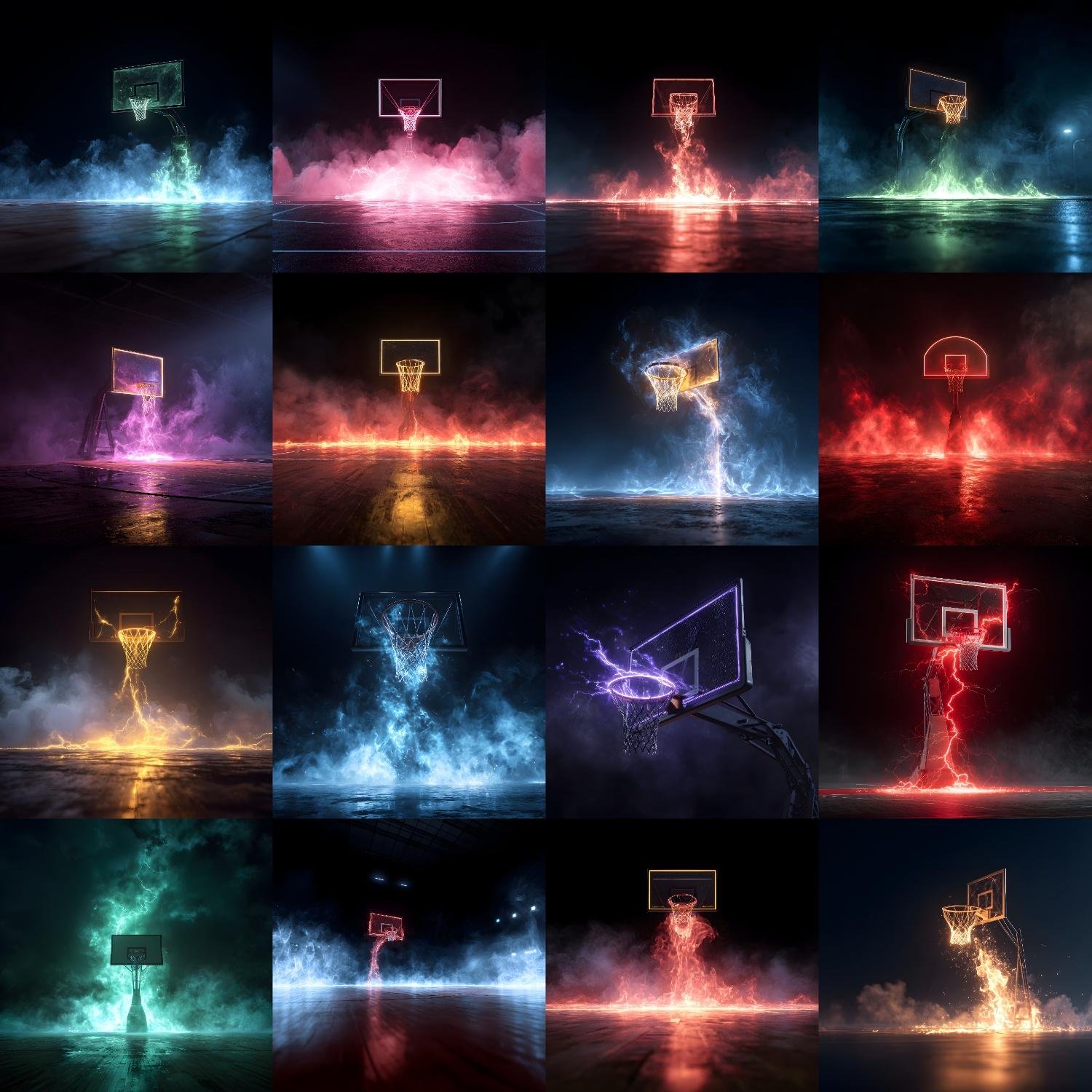 Epic basketball digital backdrops featuring neon glowing hoops, fire, smoke, lightning effects and cinematic sports court backgrounds for photography and design