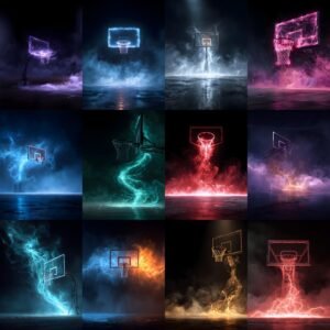 Epic basketball digital backdrops featuring neon glowing hoops, fire, smoke, lightning effects and cinematic sports court backgrounds for photography and design