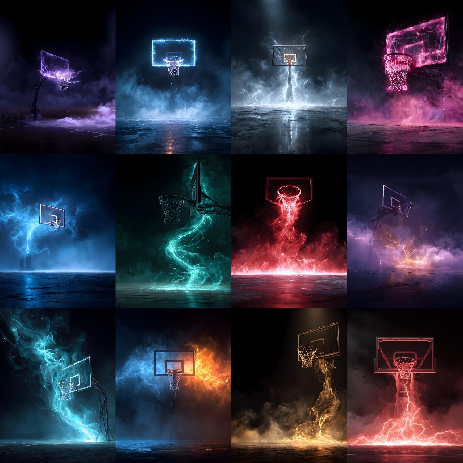 Epic basketball digital backdrops featuring neon glowing hoops, fire, smoke, lightning effects and cinematic sports court backgrounds for photography and design