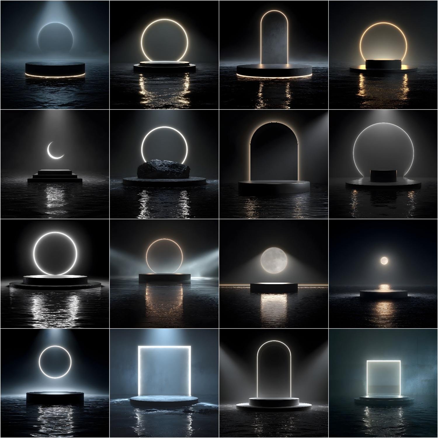 Luxury black studio digital backdrop featuring a glowing moon behind a podium standing in reflective water, designed for professional photography and Photoshop photo composites.