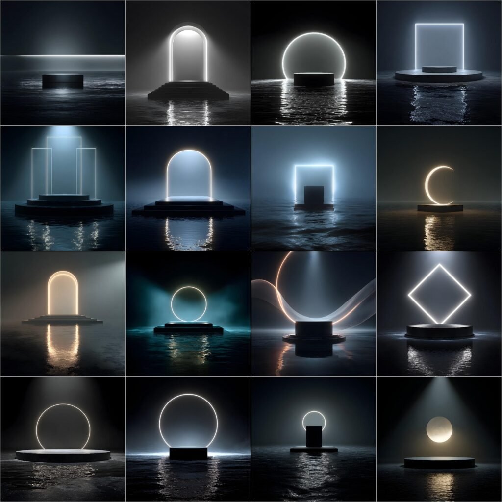 Luxury black studio digital backdrop featuring a glowing moon behind a podium standing in reflective water, designed for professional photography and Photoshop photo composites.