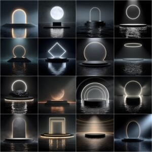 Luxury black studio digital backdrop featuring a glowing moon behind a podium standing in reflective water, designed for professional photography and Photoshop photo composites.