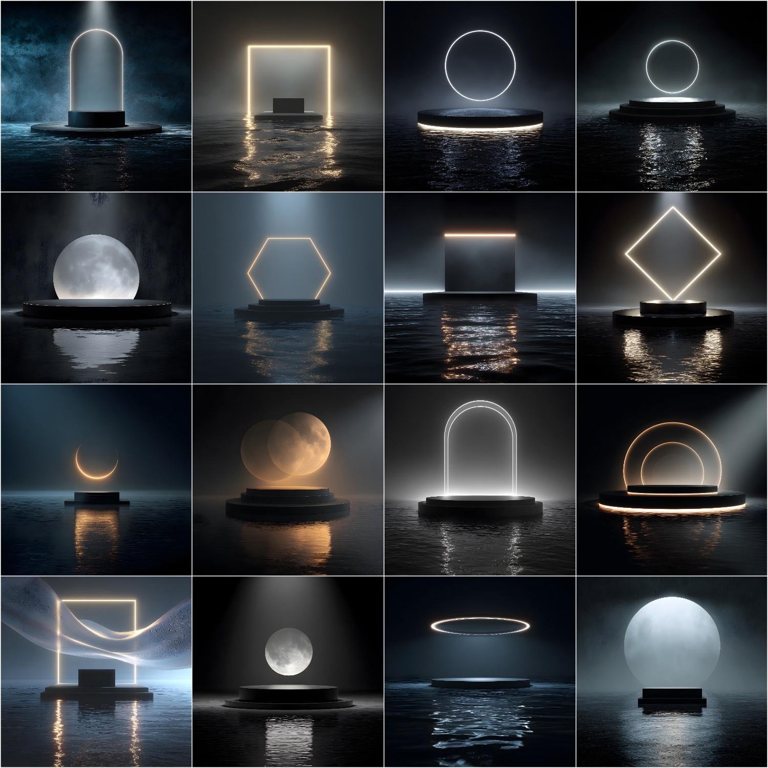 Luxury black studio digital backdrop featuring a glowing moon behind a podium standing in reflective water, designed for professional photography and Photoshop photo composites.