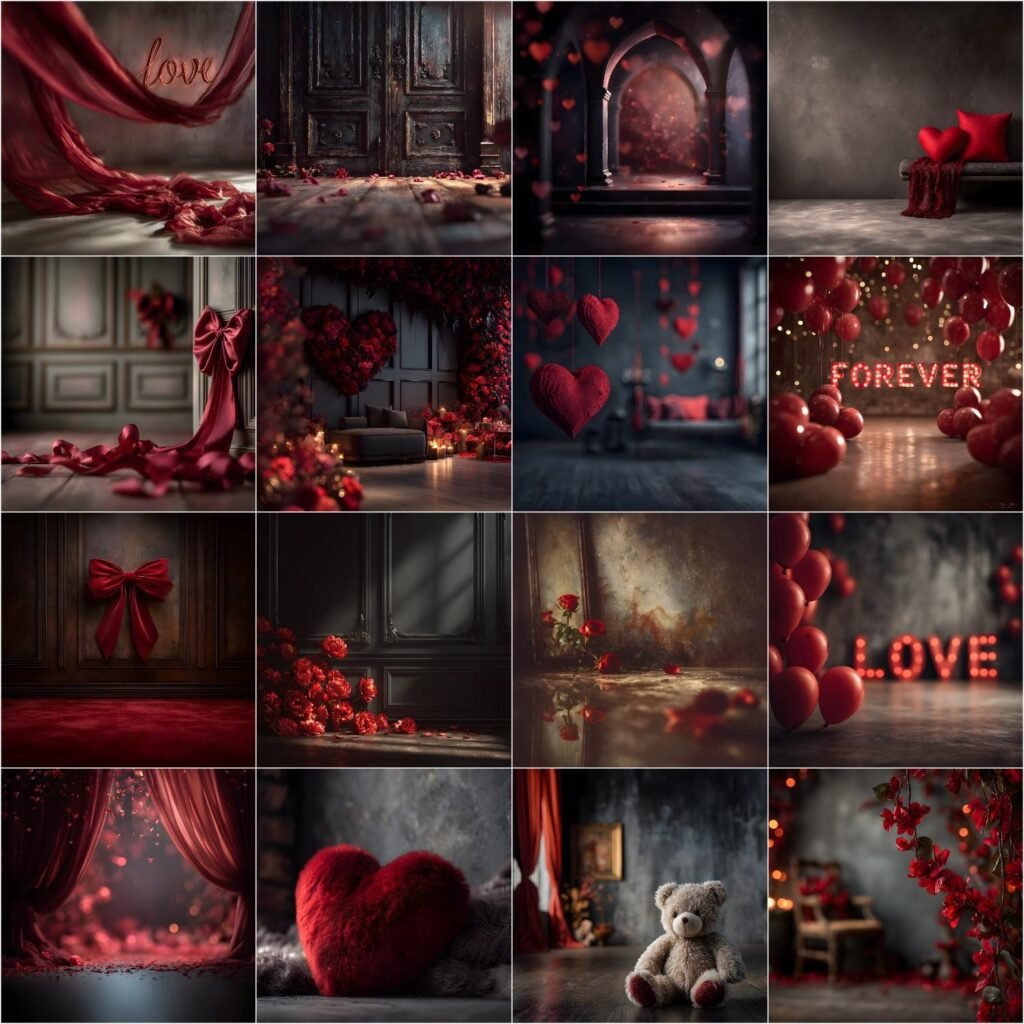 Romantic Valentine digital backdrop with illuminated LOVE sign, red hearts, dreamy studio lighting and fine art background