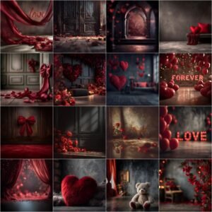 Romantic Valentine digital backdrop with illuminated LOVE sign, red hearts, dreamy studio lighting and fine art background