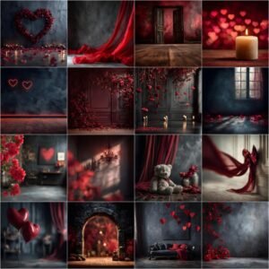 Romantic Valentine digital backdrop with illuminated LOVE sign, red hearts, dreamy studio lighting and fine art background