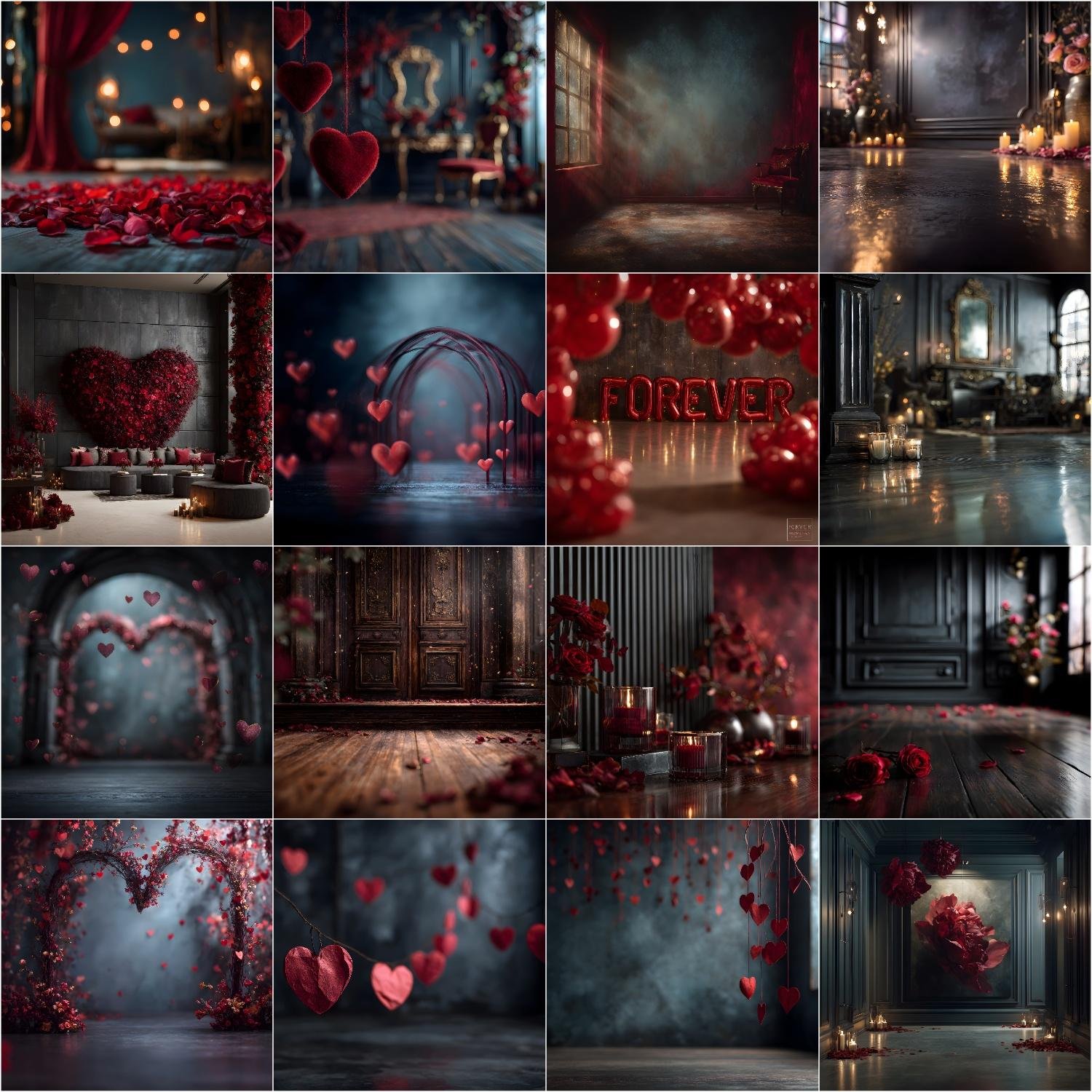 Romantic Valentine digital backdrop with illuminated LOVE sign, red hearts, dreamy studio lighting and fine art background
