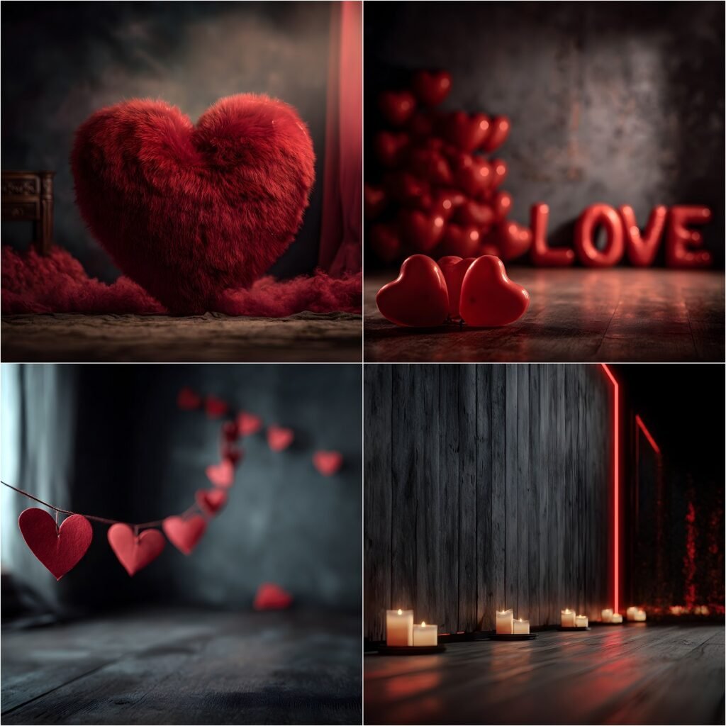 Dark moody Valentine’s Day digital backdrops with romantic red hearts, cinematic lighting, fine art love backgrounds for photography, photo composites, and creative design