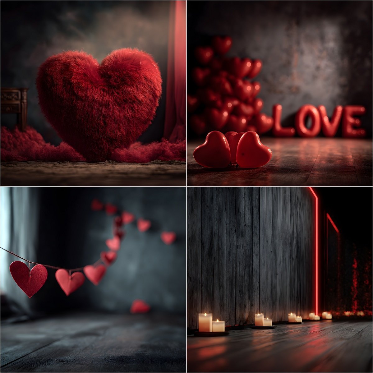 Dark moody Valentine’s Day digital backdrops with romantic red hearts, cinematic lighting, fine art love backgrounds for photography, photo composites, and creative design