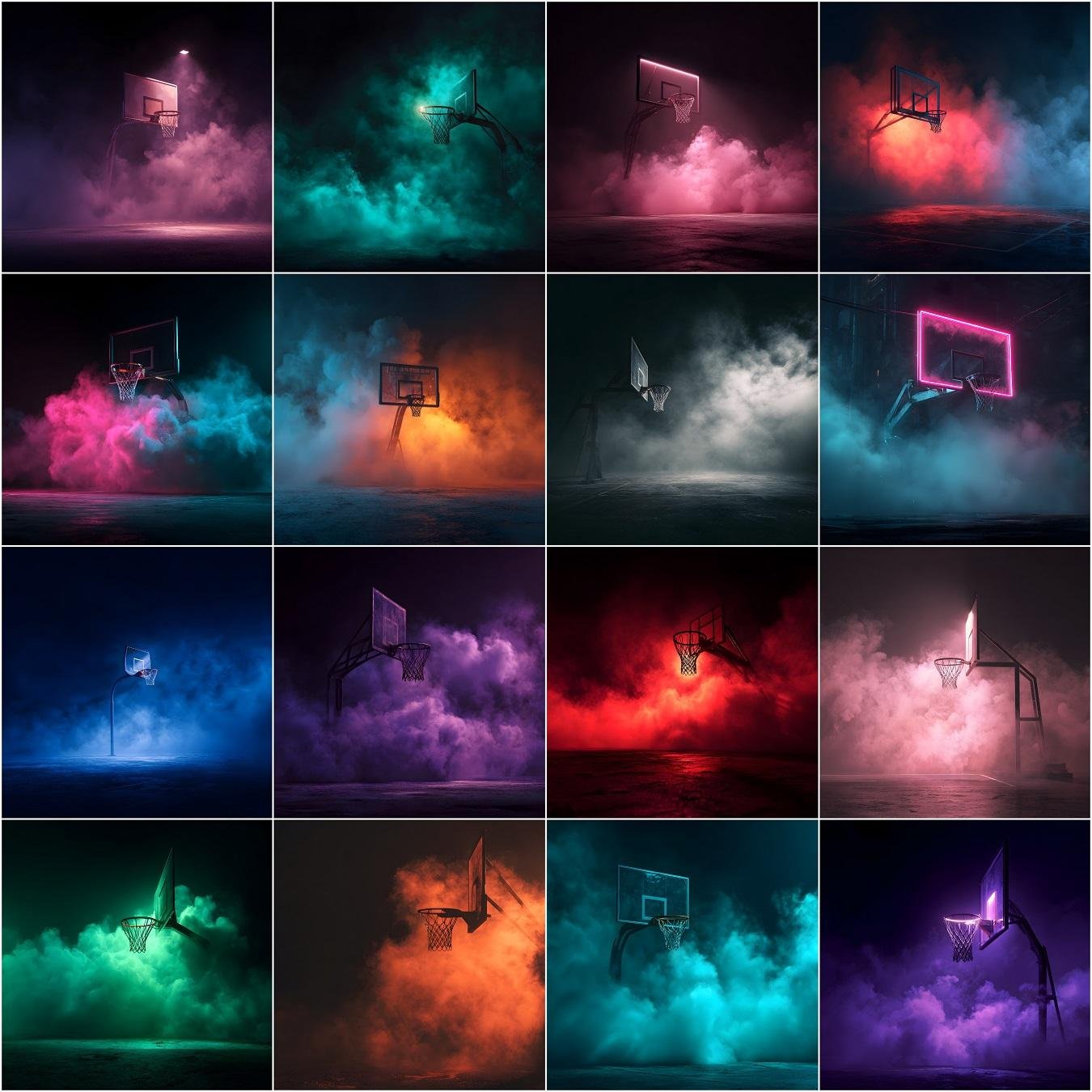 Basketball digital backdrops with cinematic lighting and dramatic smoke, professional sports photography background for senior portraits and team posters