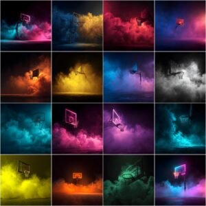 Basketball digital backdrops with cinematic lighting and dramatic smoke, professional sports photography background for senior portraits and team posters