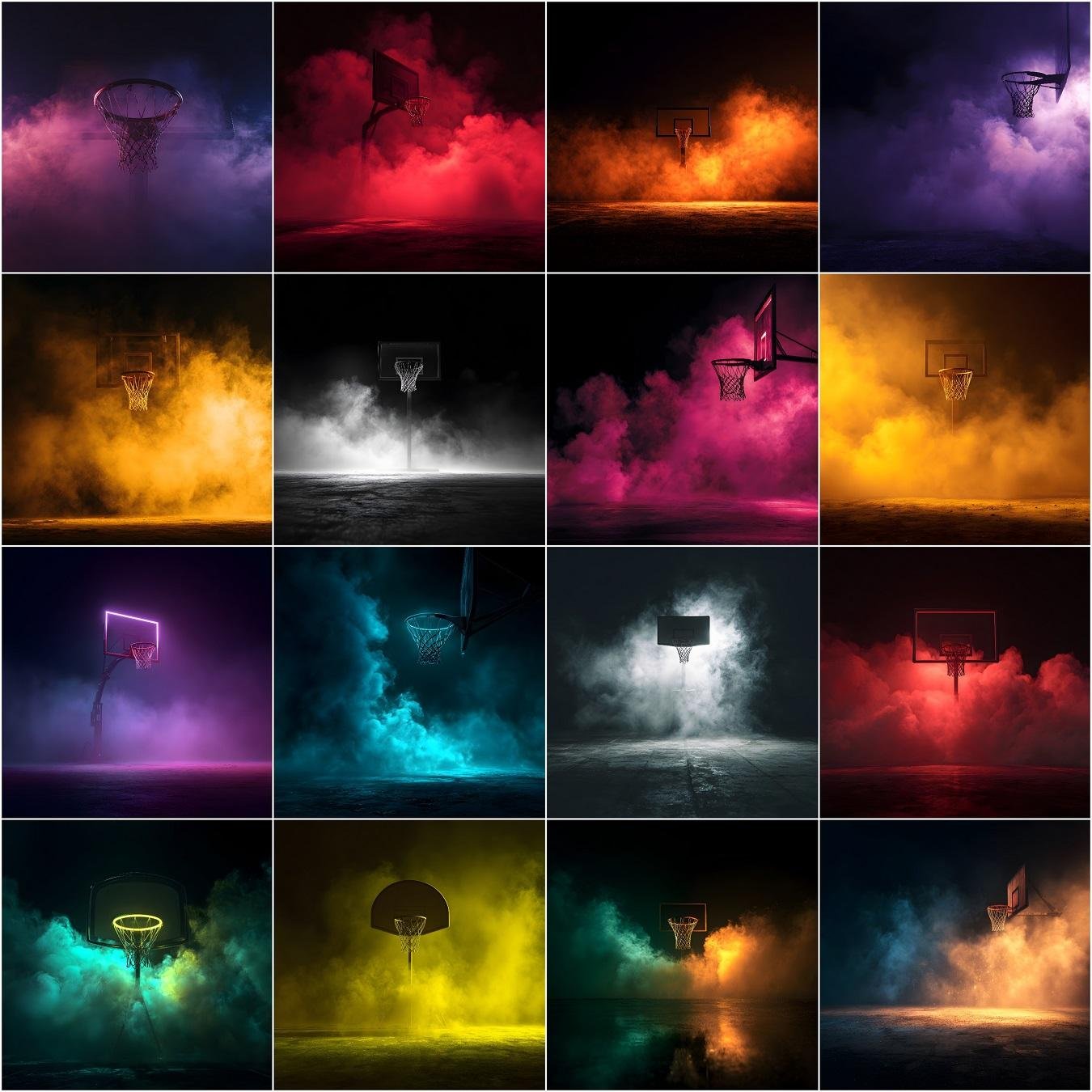 Basketball digital backdrops with cinematic lighting and dramatic smoke, professional sports photography background for senior portraits and team posters
