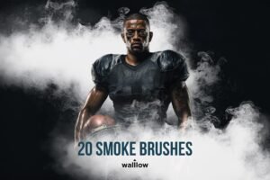 20 realistic sports photography smoke Photoshop brushes used to create dramatic fog and dust effects around athlete portrait under stadium lights for cinematic sports editing