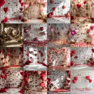 Valentine digital backdrop with newspaper wall background, red heart balloons, rose petals and romantic fine art studio photography setting