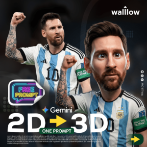 AI 2D to 3D cartoon sports transformation example showing professional athlete photo converted into a cinematic stylized 3D character portrait with dramatic stadium lighting, enhanced facial depth, detailed textures, and high-impact sports photography editing effect.
