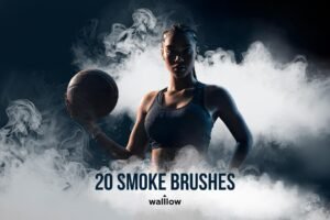 20 realistic sports photography smoke Photoshop brushes used to create dramatic fog and dust effects around athlete portrait under stadium lights for cinematic sports editing