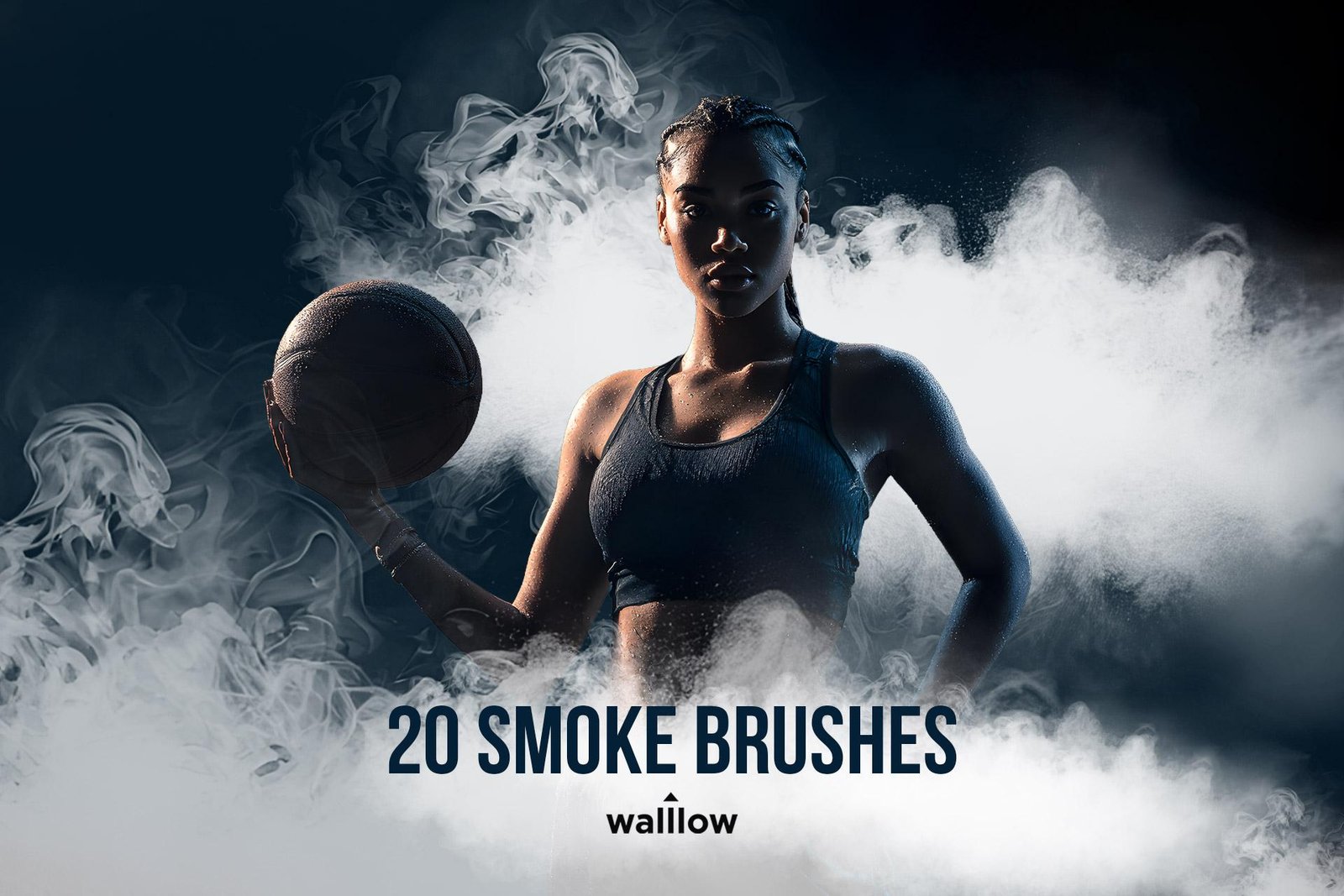 20 realistic sports photography smoke Photoshop brushes used to create dramatic fog and dust effects around athlete portrait under stadium lights for cinematic sports editing