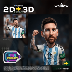AI 2D to 3D cartoon sports transformation example showing professional athlete photo converted into a cinematic stylized 3D character portrait with dramatic stadium lighting, enhanced facial depth, detailed textures, and high-impact sports photography editing effect.