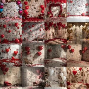 Valentine digital backdrop with newspaper wall background, red heart balloons, rose petals and romantic fine art studio photography setting