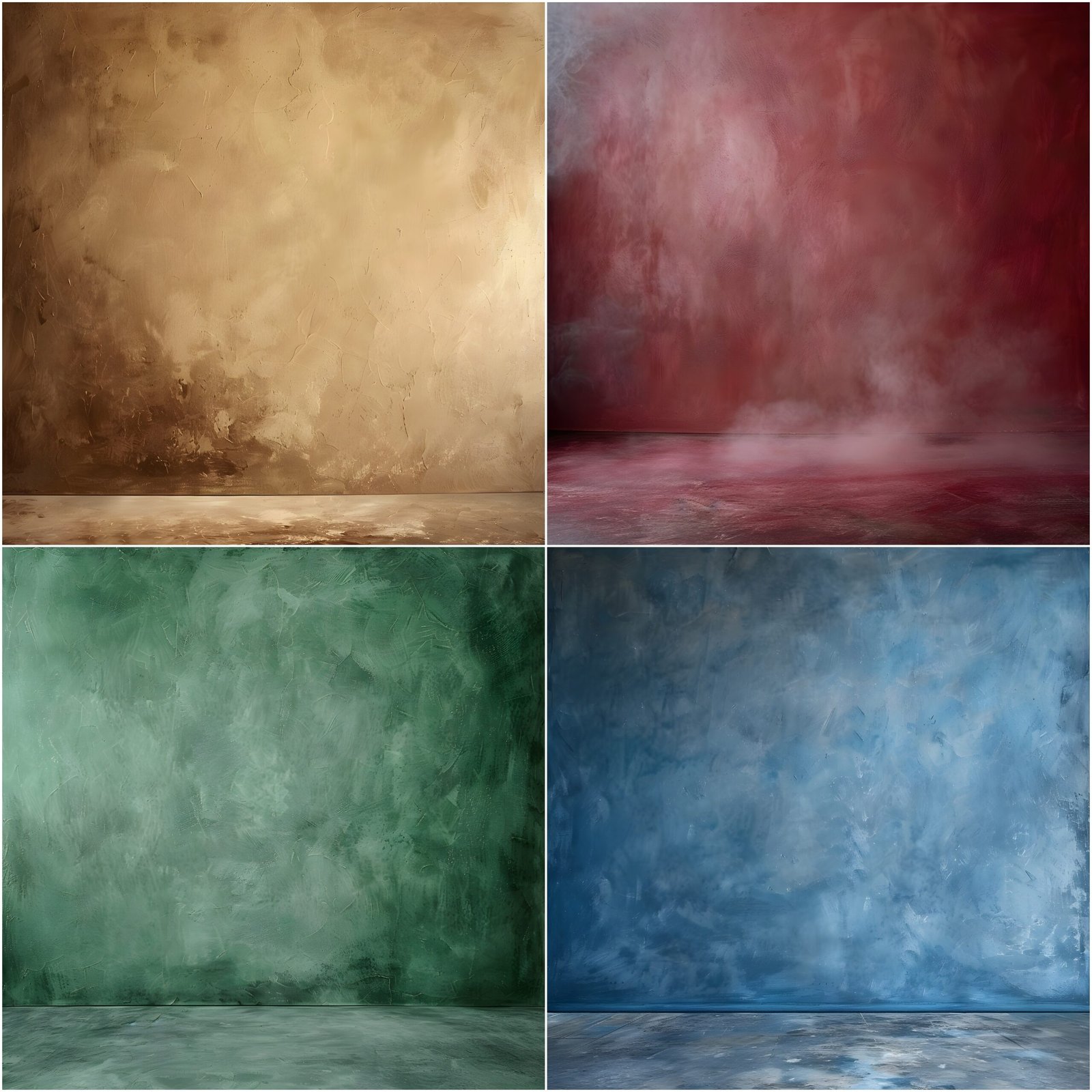 Collection of 60 Old Master style digital backdrops featuring textured studio walls and matching floors in vertical format, ideal for fine art portrait photography, grunge composites, painterly studio edits, and professional photo backgrounds.
