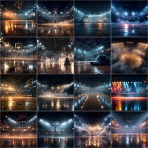 Basketball court digital backdrop with dramatic arena lighting and wood floor, high resolution sports photography background for senior portraits, team photos and custom posters