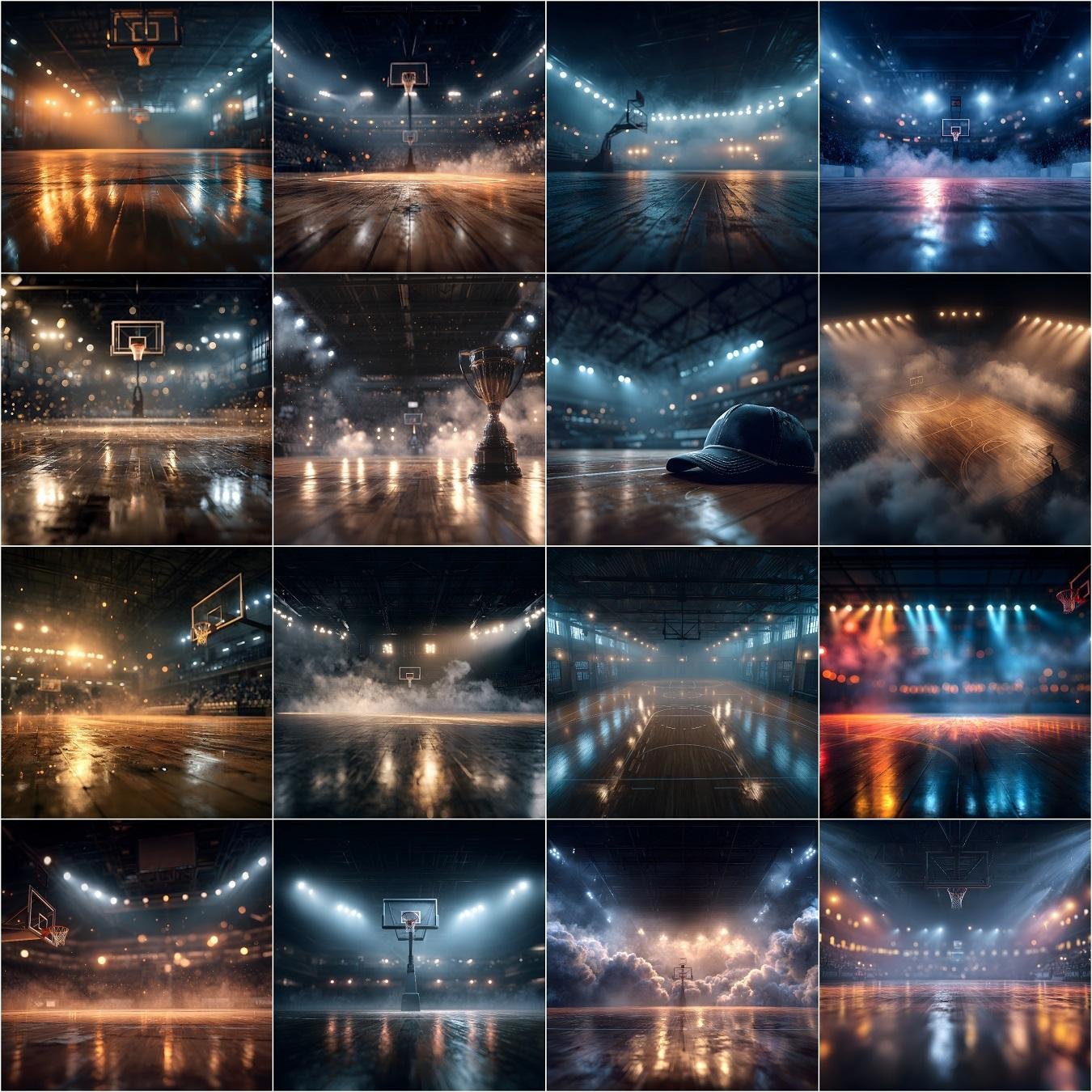 Basketball court digital backdrop with dramatic arena lighting and wood floor, high resolution sports photography background for senior portraits, team photos and custom posters