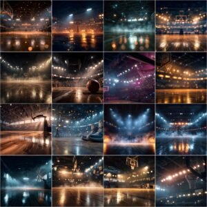 Basketball court digital backdrop with dramatic arena lighting and wood floor, high resolution sports photography background for senior portraits, team photos and custom posters
