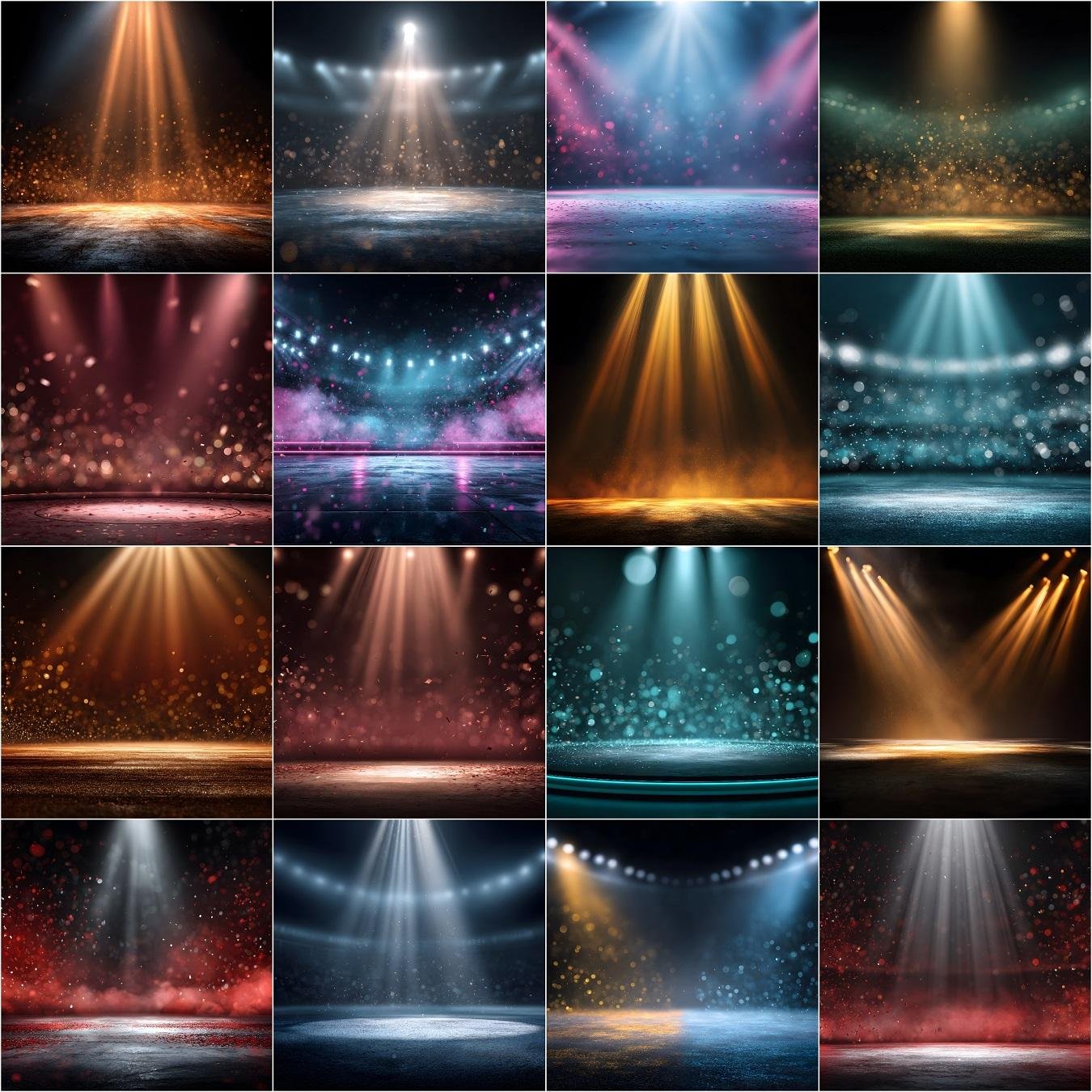 Collection of 150 professional cheerleader digital backdrops featuring championship arena spotlight backgrounds, neon finals stage lighting, minimal sports studio setups, and vibrant school color combinations designed for high resolution sports photography composites.