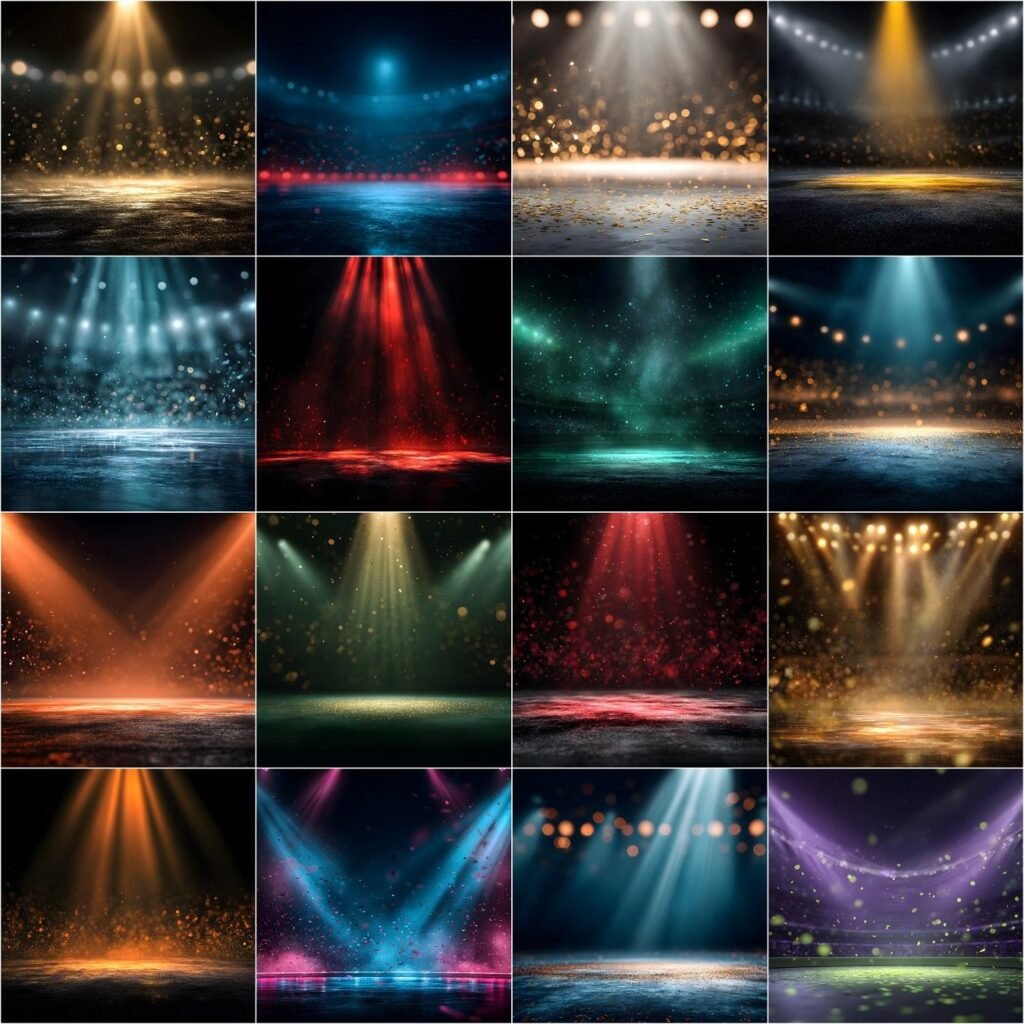 Collection of 150 professional cheerleader digital backdrops featuring championship arena spotlight backgrounds, neon finals stage lighting, minimal sports studio setups, and vibrant school color combinations designed for high resolution sports photography composites.