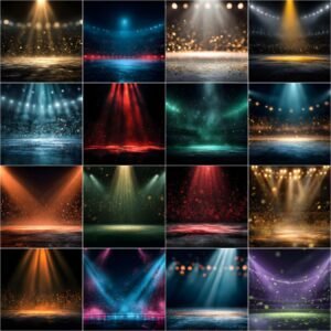Collection of 150 professional cheerleader digital backdrops featuring championship arena spotlight backgrounds, neon finals stage lighting, minimal sports studio setups, and vibrant school color combinations designed for high resolution sports photography composites.