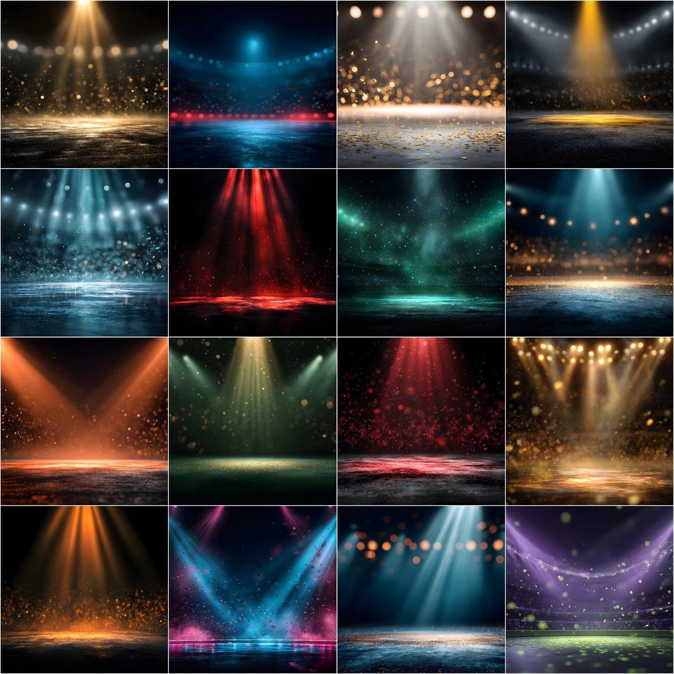 Collection of 150 professional cheerleader digital backdrops featuring championship arena spotlight backgrounds, neon finals stage lighting, minimal sports studio setups, and vibrant school color combinations designed for high resolution sports photography composites.