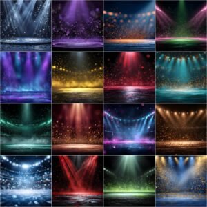 Collection of 150 professional cheerleader digital backdrops featuring championship arena spotlight backgrounds, neon finals stage lighting, minimal sports studio setups, and vibrant school color combinations designed for high resolution sports photography composites.