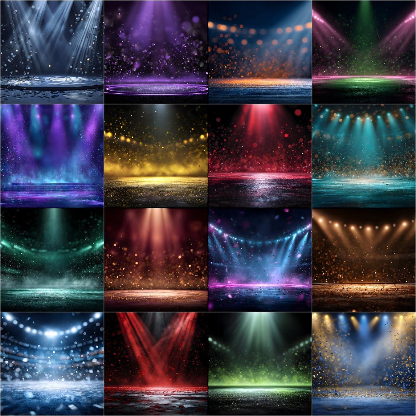 Collection of 150 professional cheerleader digital backdrops featuring championship arena spotlight backgrounds, neon finals stage lighting, minimal sports studio setups, and vibrant school color combinations designed for high resolution sports photography composites.