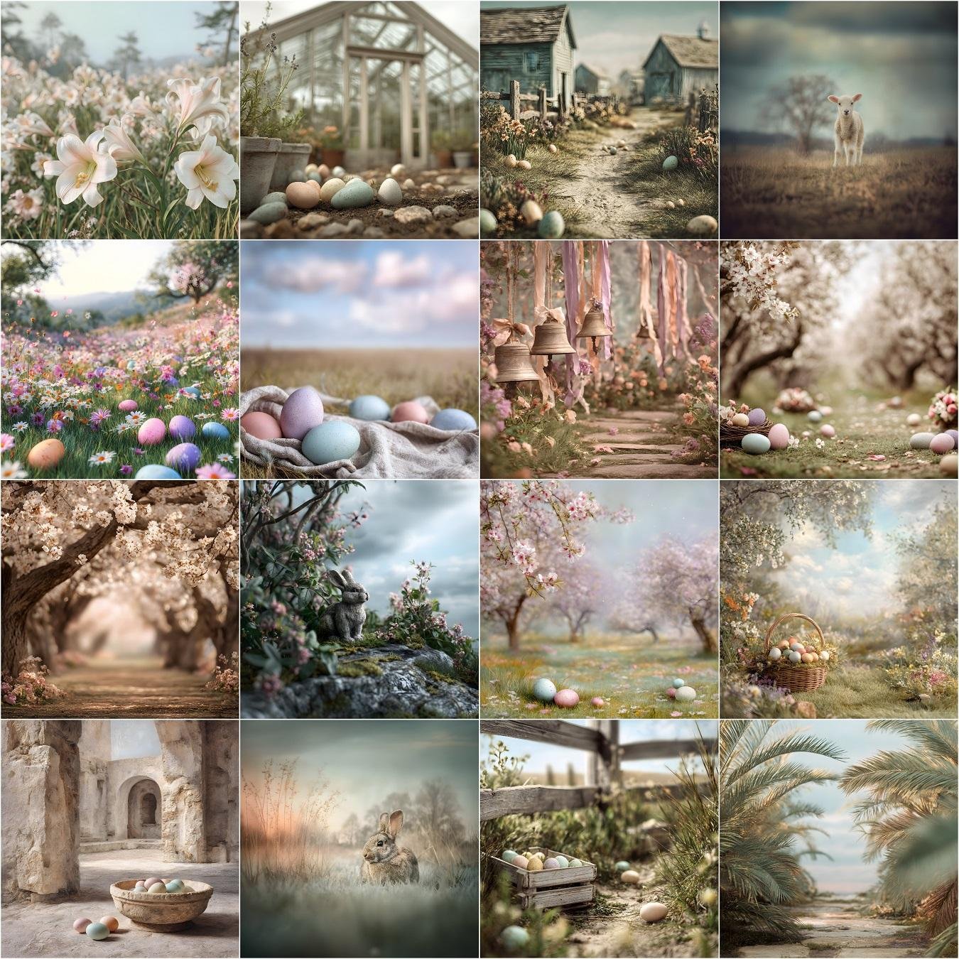 Easter Digital Backdrops 50 Bundle – Outdoor Pastel Fine-Art Photography Backgrounds for Easter Portraits & Photoshop Composite