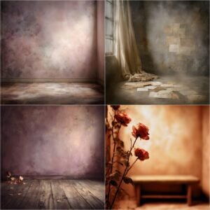 Romantic Valentine fine art digital backdrop with vintage wooden floor, textured wall, roses, heart props and soft window light for studio portrait photography