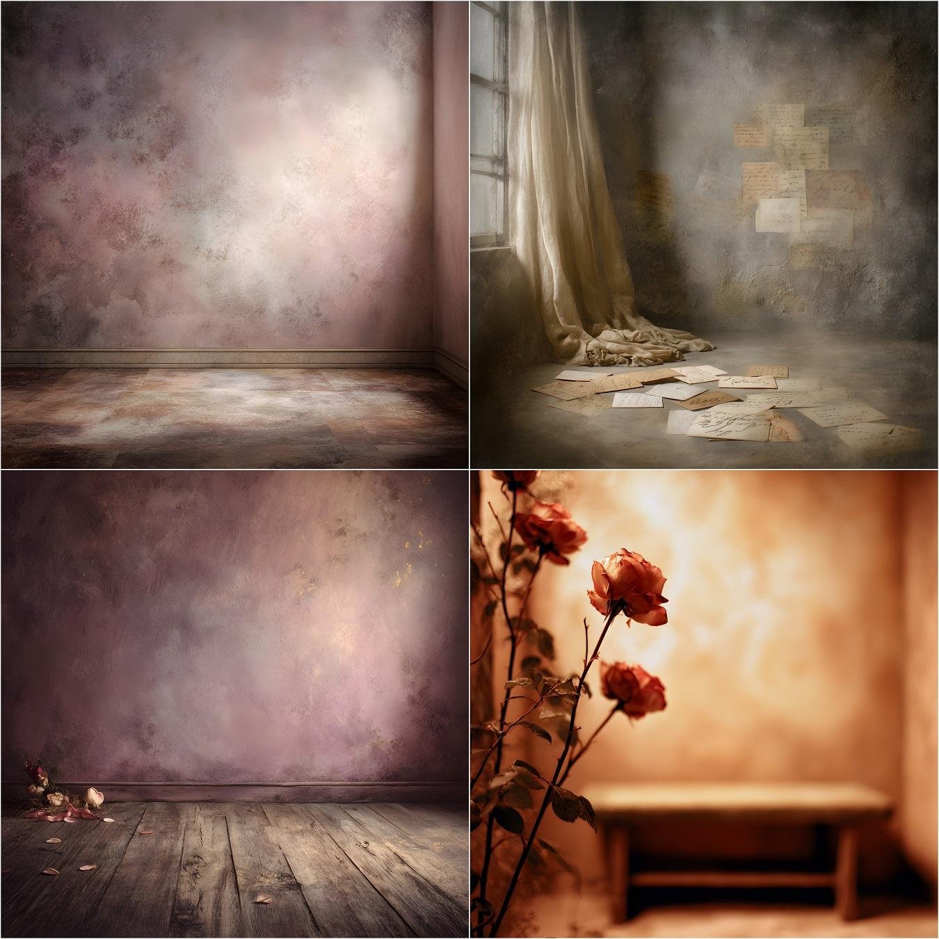Romantic Valentine fine art digital backdrop with vintage wooden floor, textured wall, roses, heart props and soft window light for studio portrait photography