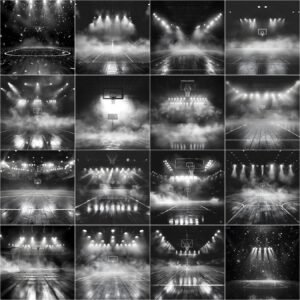 Black and white cinematic basketball court digital backdrop with dramatic arena lighting, spotlight effects, high depth of field, dense smoke, and bokeh lights, designed for professional sports photography, senior portraits, team posters, and Photoshop photo editing.